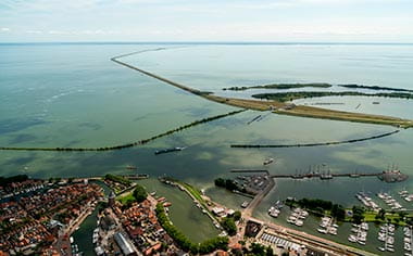 An aerial view of the manmade dyke to Lelystad, Flevoland.